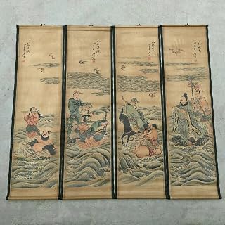 XIALON 4pcs/Set Antique Calligraphy Scroll Painting Screens Eight Immortals Hanging Painting