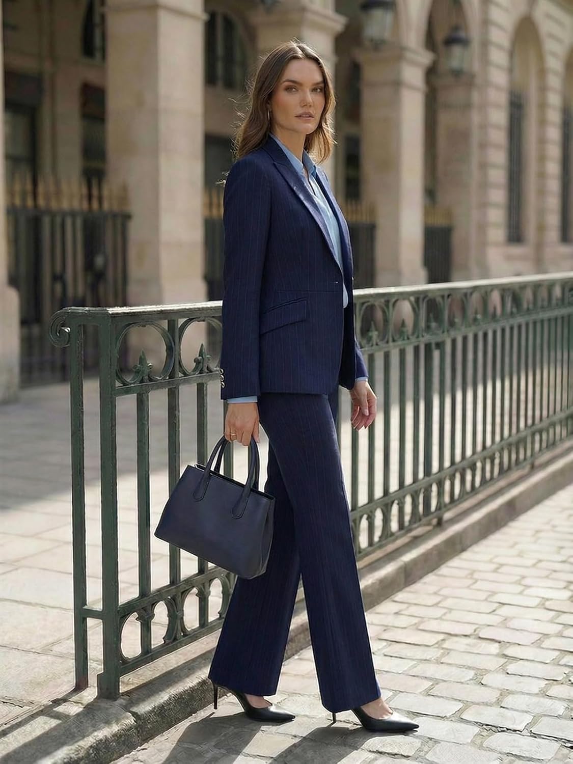 Women's 2 Piece Business Suit Set Pinstripe Blazer Jacket & Bootcut Pants Dressy Office Work Formal Casual Outfits