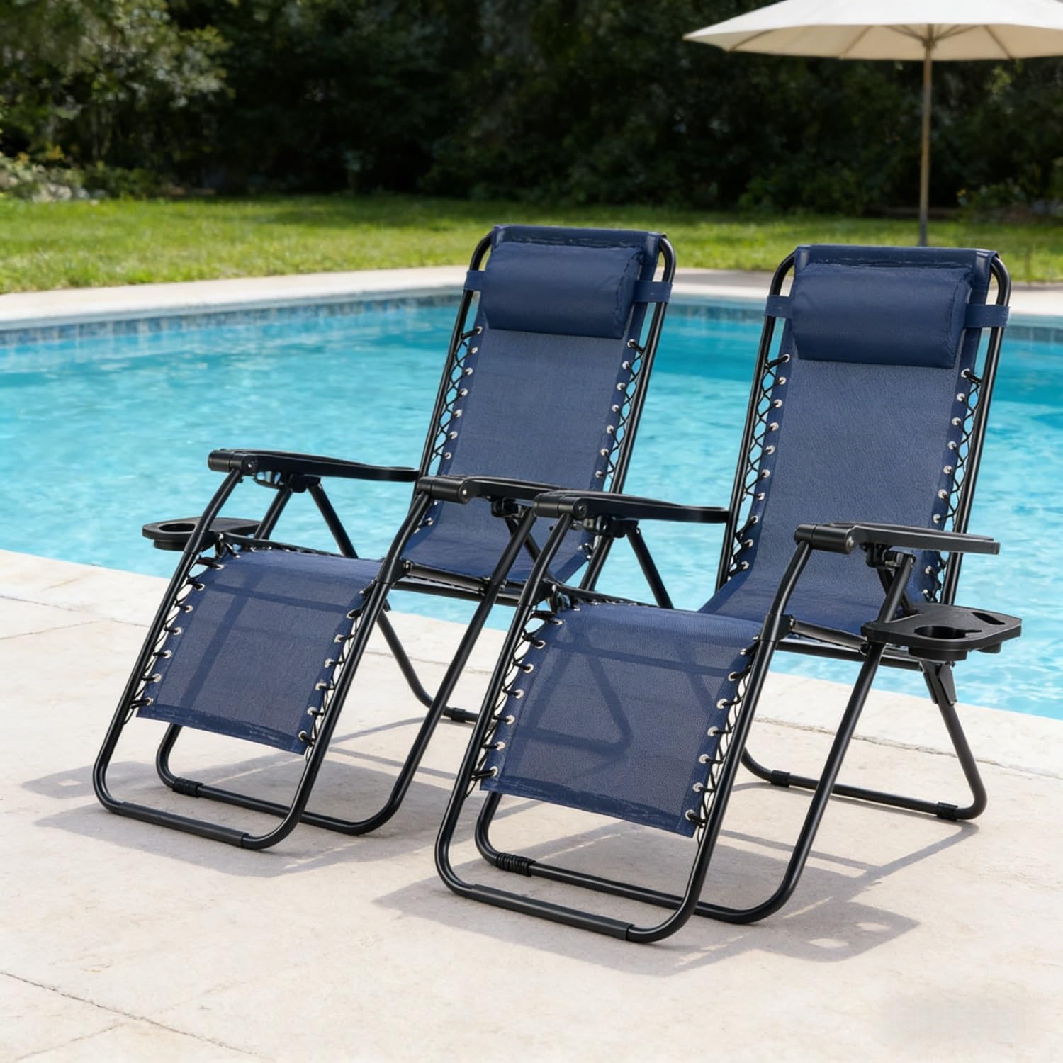Folding Outdoor Camping Lounge Chair - 300lbs Capacity Adjustable Recliner with 0-160 Degree Backrest, Headrest & Side Tray for Pool Beach(Blue,2 Pack)