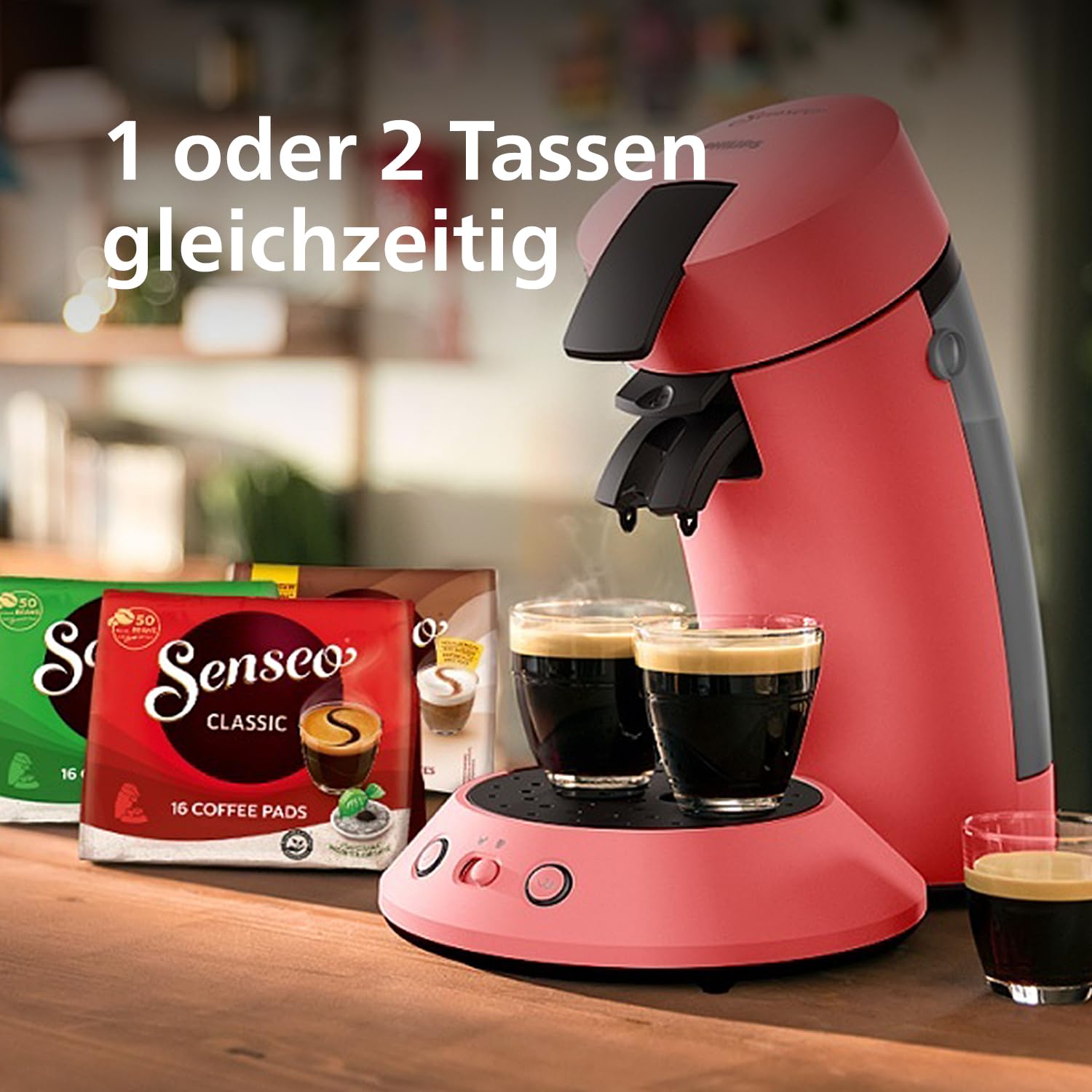 PHILIPS Senseo Original Plus Kaffeepadsmaschine CSA210/35 Kaffeestärkeauswahl Coffee Boost Recycling-Kunststoff Sanftes Rot