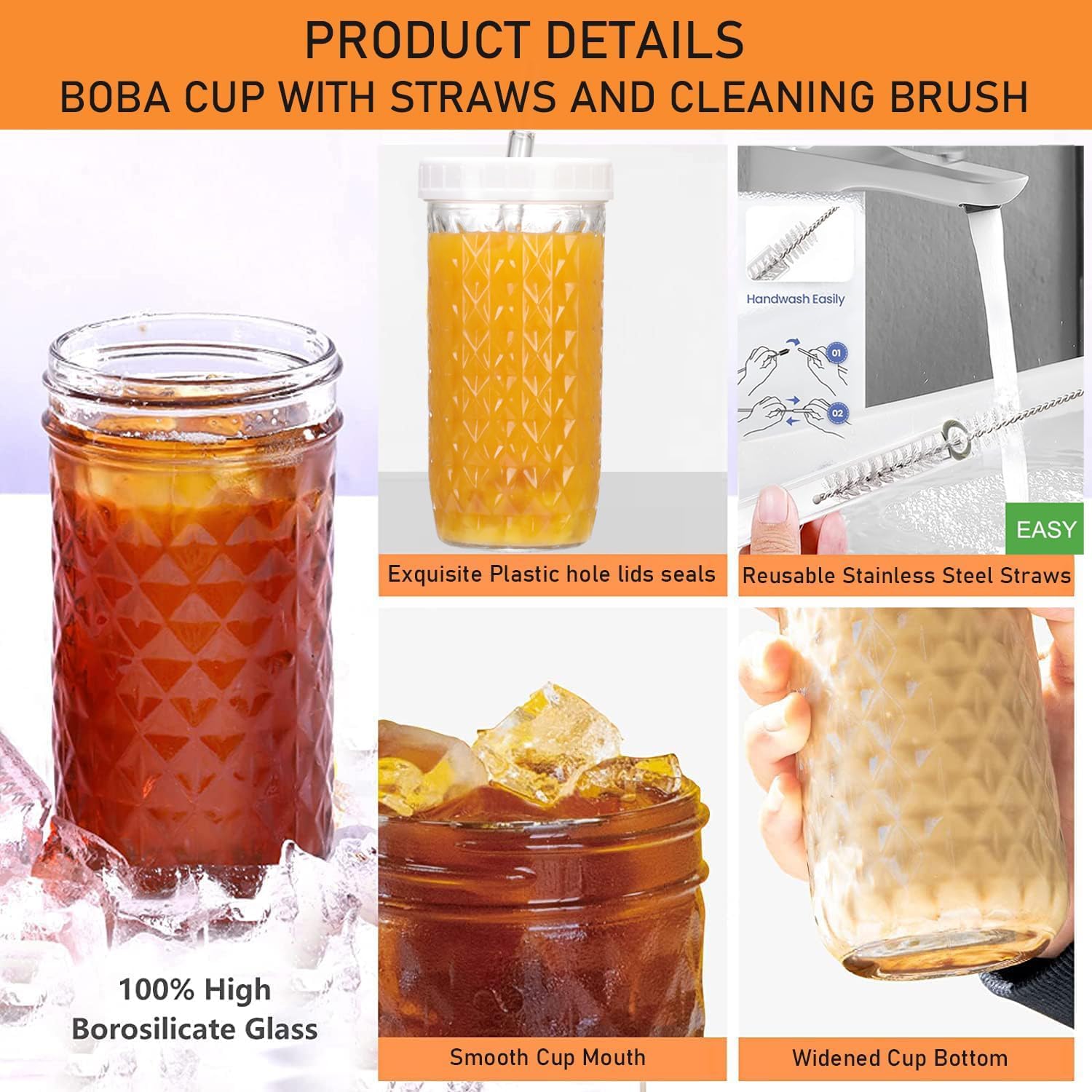 2 Pcs Glass Cups with Lids and Straws - 24oz Wide Mouth Mason Jar Drinking Glasses, Cute Reusable Smoothie cup, Iced Coffee Glasses, Travel Tumbler for Bubble Tea, Juice image 4