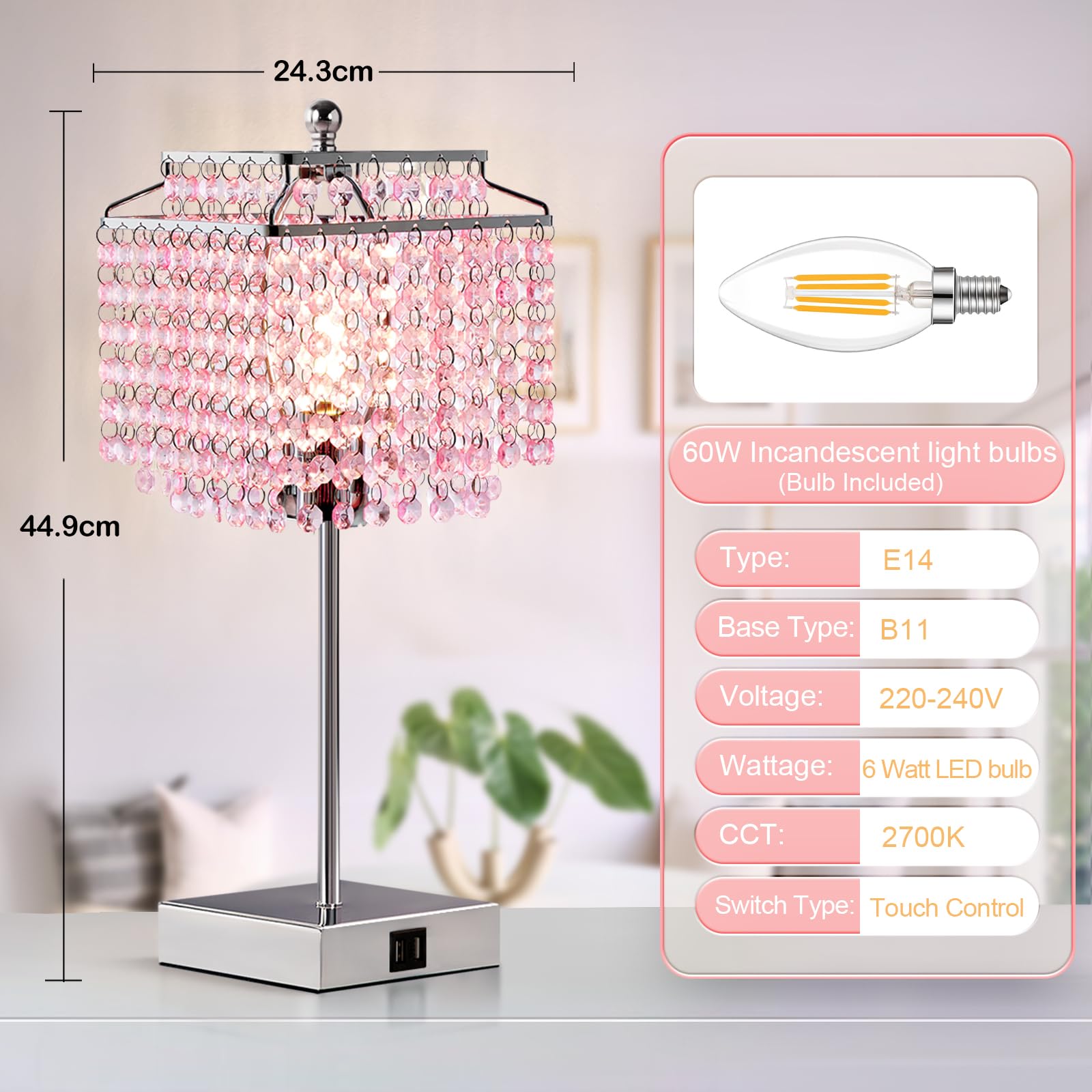 GyroVu Crystal Table Lamp, Pink Touch Lamp with USB C+A Ports - Image 4
