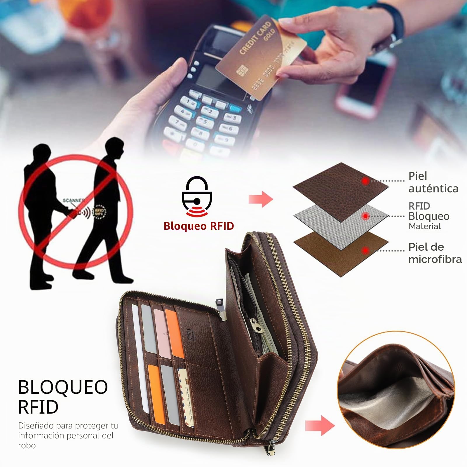 Carta de viaje para hombre de piel auténtica con correa de mano, bloqueo RFID para pasaporte, gran capacidad, bolso de mano para teléfono móvil