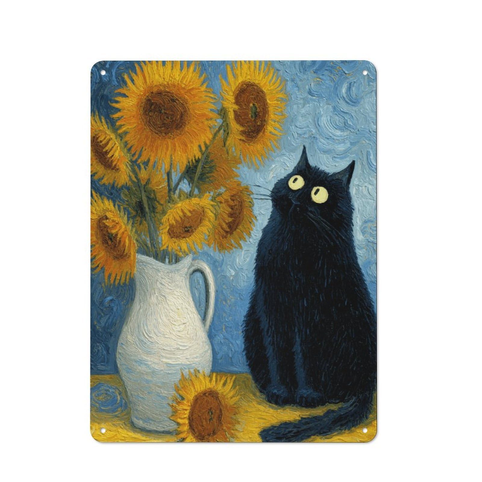 Junmoney Style-3 40X30cm Retro Metal Sign With Vincent's Sunflowers With Black Cat For Man Cave Or Games Room, Tin Sign Wall Decor For Games Rooms And Man Caves