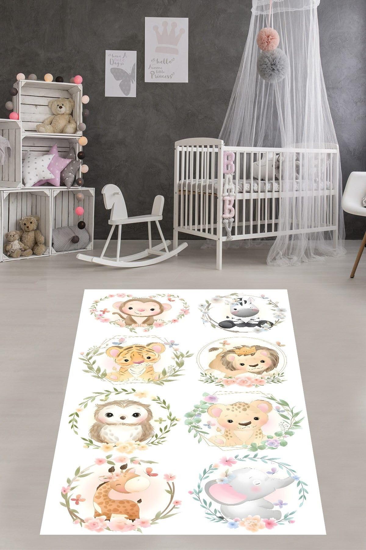 Pelangi Ormandaki Hayvanlar Fil Zebra Maymun Yıkanabilir Kaymaz Taban Leke Tutmaz Çocuk Odası Halısık, Beyaz-Kırmızı 100 x 600, 76420071006001