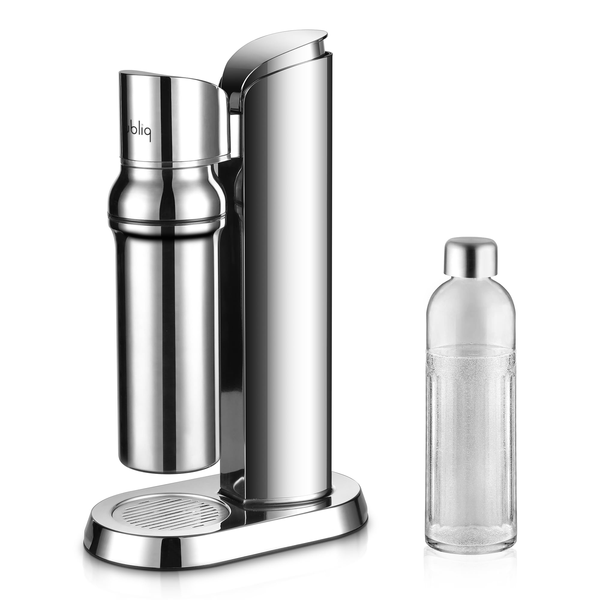 bubliq Glass Carbonator - Machine à gazéifier en acier inoxydable avec bouteille en verre de 1 l - Design minimaliste - Finition en acier inoxydable