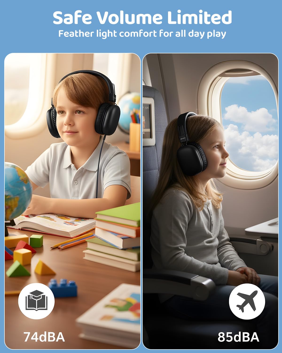 awatrue Auriculares Niños, Cascos Inalambricos Bluetooth Niños, Límite de Volumen de 85/94dB, Micrófono Integrado, 50 Horas de Reproducción, Diadema Headphones Niño, para Escuela, Viaje (Negro)