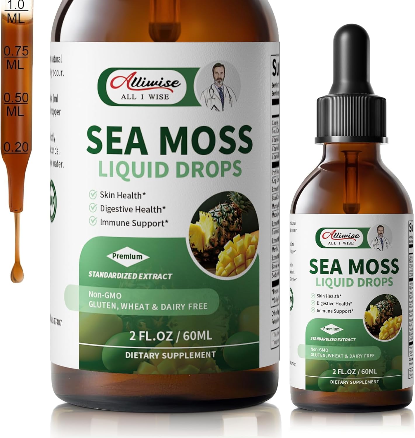Irish Sea Moss Liquid Drops | 10-in-1 Multi-Action Moss Gel Supplement Complex with Hyaluronic Acid & Vitamins for Immune* Digestive* Skin* Hair* Energy* Support | Non-GMO Vegan - 2 Fl Oz