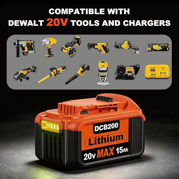 2Packs 15.0Ah Replacement for Dewalt 20V Max Battery, Compatible with Dewalt 20 Volt Battery DCB200 DCB206 DCB207 DCB201 DCB204 Series Power Tools