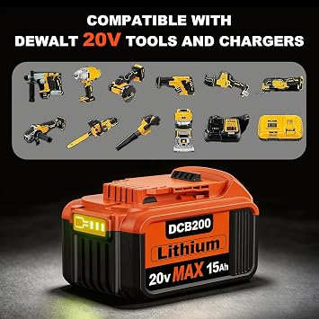 2Packs 15.0Ah Replacement for Dewalt 20V Max Battery, Compatible with Dewalt 20 Volt Battery DCB200 DCB206 DCB207 DCB201 DCB204 Series Power Tools
