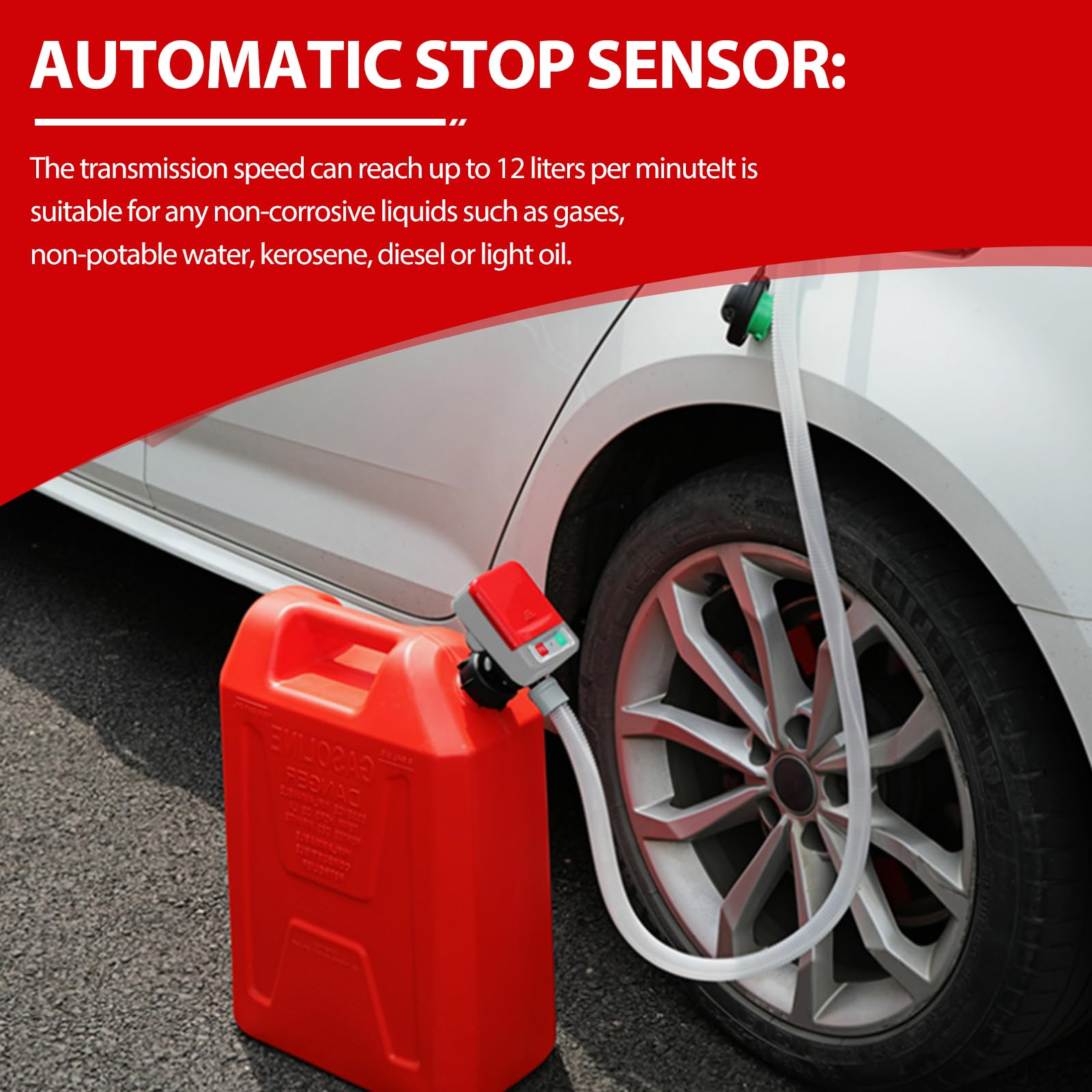 Pompa del carburante con sensore di arresto automatico, pompa di trasferimento del carburante (12 l/min) USB pompa elettrica a benzina con 4 dimensioni adattatori e tubo, pompa di trasferimento per