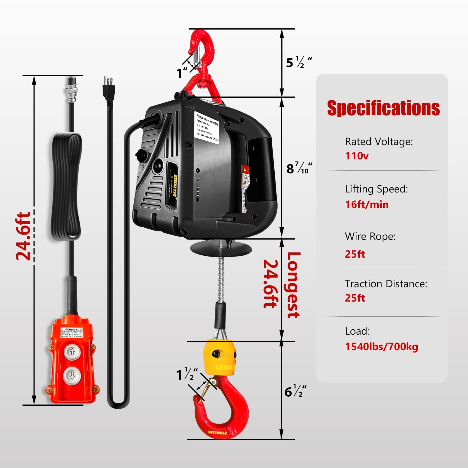 Verricello elettrico portatile 698,5 kg, 3 in 1, paranco elettrico a cavo 110 V 25 FT con cinghia di sollevamento, argano elettrico a soffitto per sollevamento rimorchio