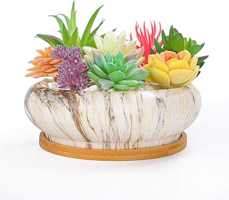 Amazon Co Jp Artketty 6 1インチ 大型 セラミック 多肉植物 プランターポット モダン ラウンド サボテン フラワー プランター コンテナ ボウル 排水竹トレイ 装飾 ガーデン 浅い マーブル 盆栽ポット 屋内 屋外植物 Diy 工具 ガーデン