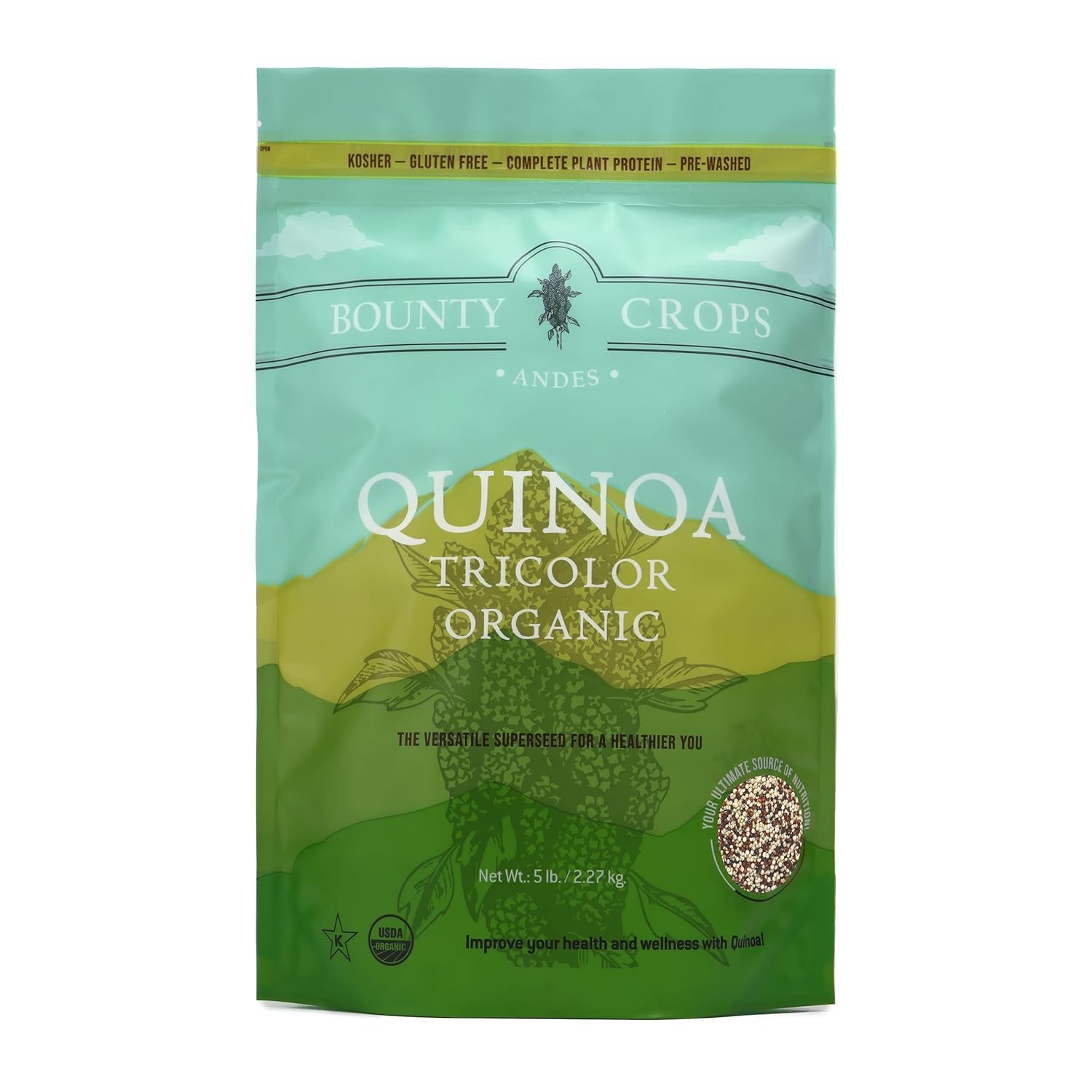 Bounty Crops Organic Tricolor Quinoa (5 lb, 80 oz, 2.27 kg), Fiber, Iron and Potassium, Plant Base Protein, Gluten-Free, Non-GMO, Kosher, Vegan Superfood