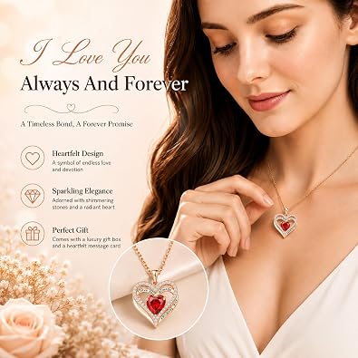 Preserved Red Rose Gift Box with Heart Necklace Eternal Real Rose Dainty Love Pendant Romantic Gifts for Women on Anniversary, Birthday, Valentines Day