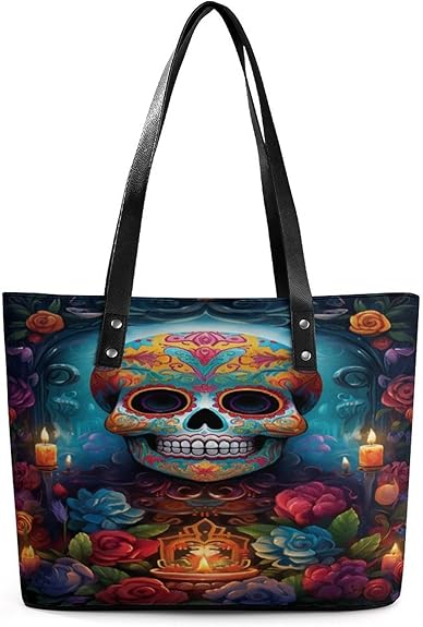 Sugar Skull Day of The Dead Flowers Women Leather Handbags with Zipper Large Capacity Satchel Shoulder Bag 13.4 Inch