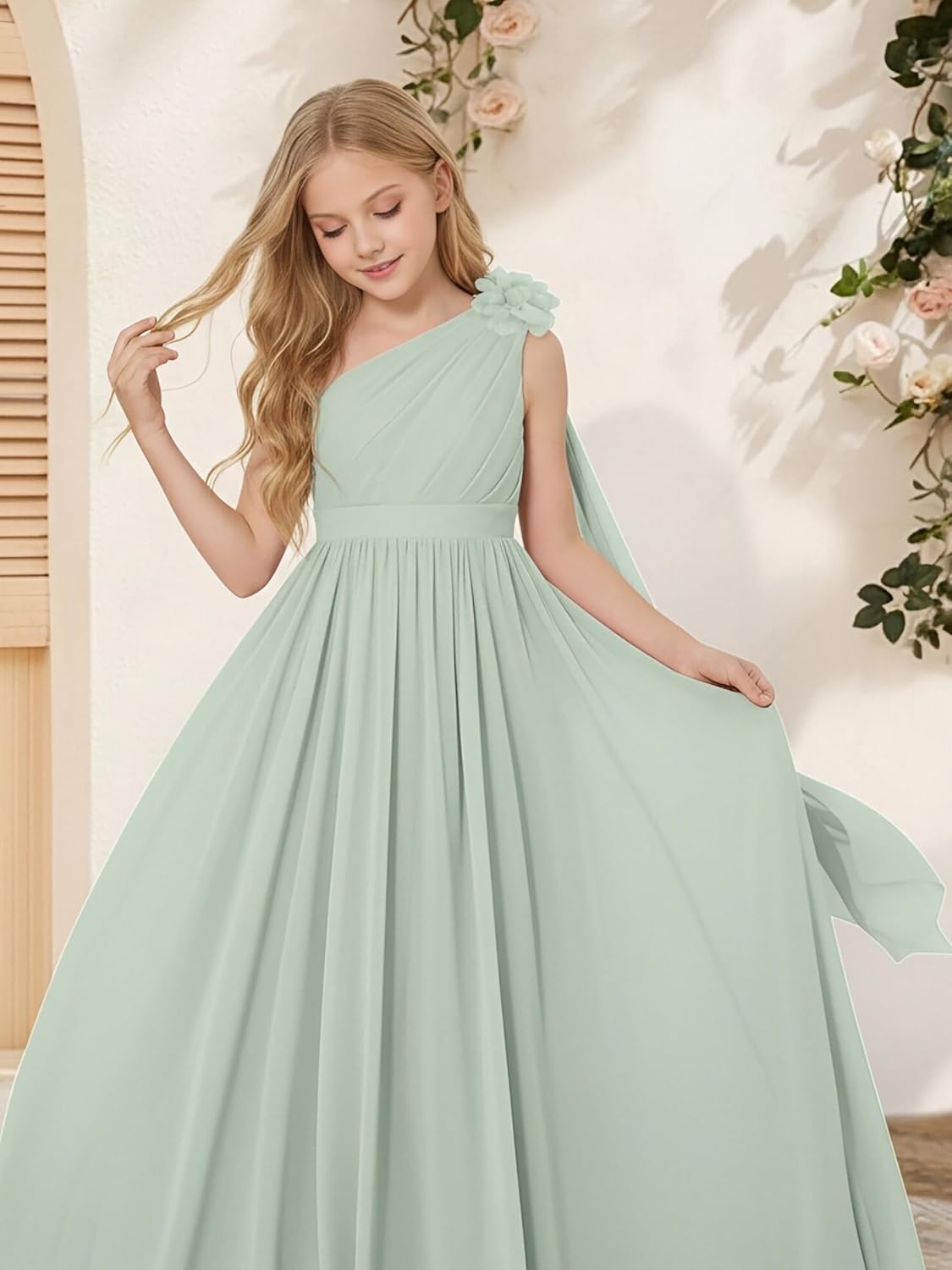 One-Shoulder Junior Bridesmaid Dresses Chiffon Flower Girl Maxi Dress for Wedding Formal Party Pageant Dress - Image 3