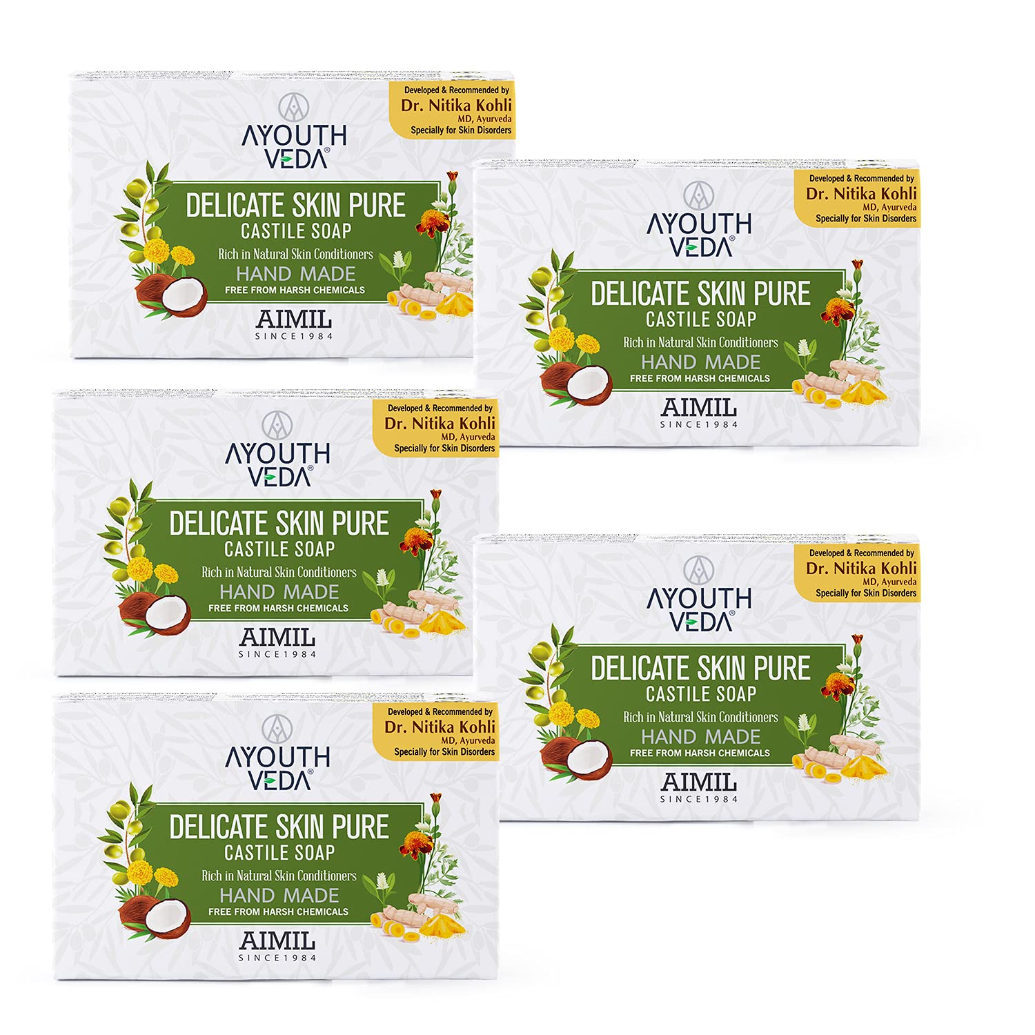 Ayouthveda Delicate Skin Pure Castile Soap (5 Pack) | with Tulsi, Neem, Coconut & Olive Oil | for a Clear, Toned & Rejuvenated Skin | gives you Glowing, Radiant & Toned Skin (5 * 500ML)