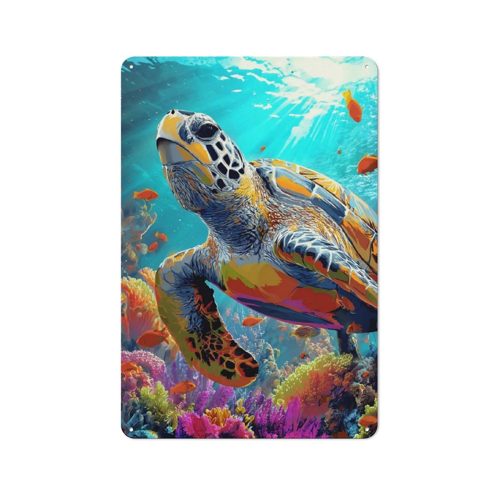 Junmoney Colorful Sea Turtle Underwater Metal Sign 30X20cm, Vintage Bar Wall Plaque For Diner, Restaurant, Shed Or Kitchen