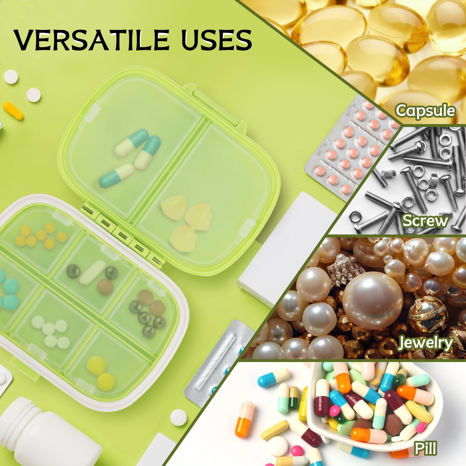 Lot de 18 petits piluliers de voyage en vrac - Pilulier portable à 8 compartiments - Distributeur de vitamines quotidien - Organisateur de bijoux indispensables pour le voyage (3 couleurs avec 192