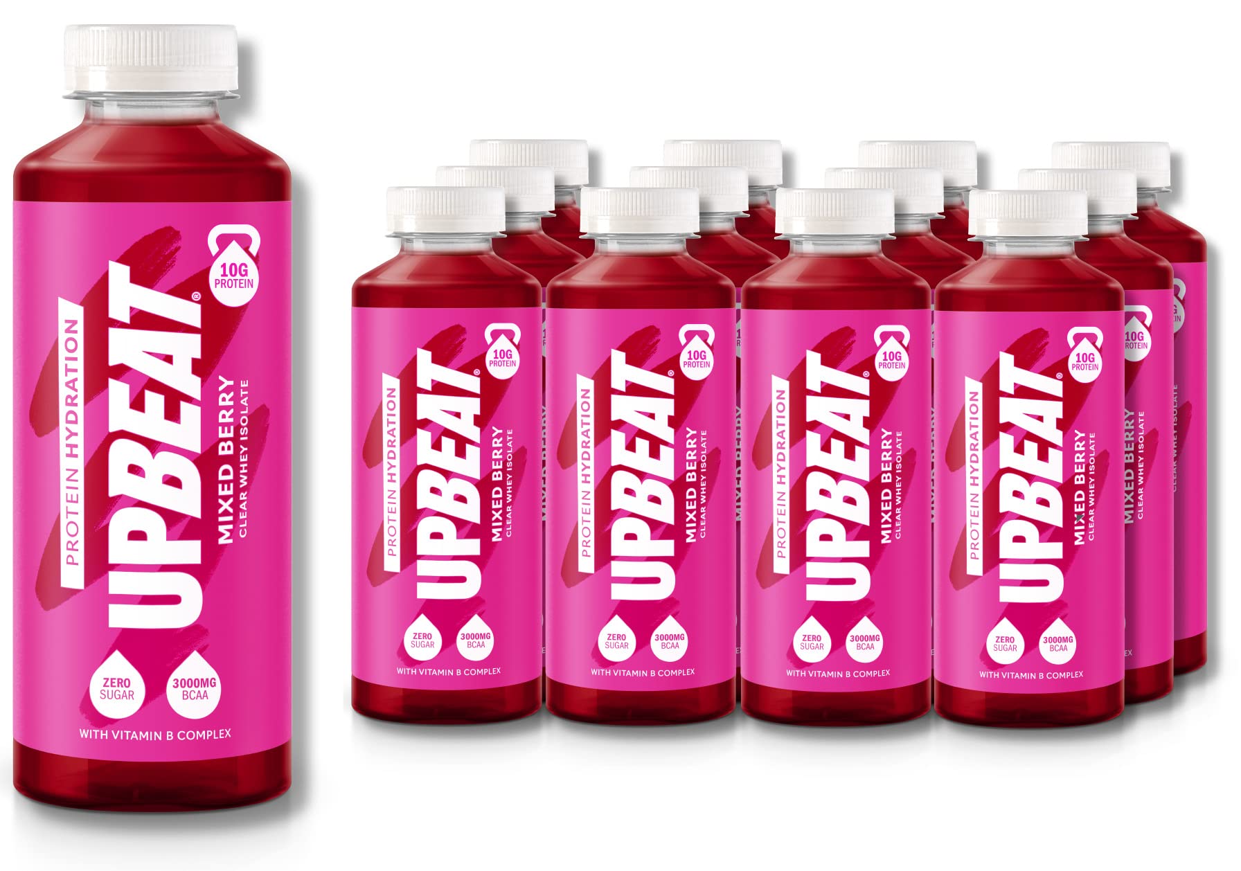UPBEAT Protein Water Hydration 12 x 500ml - Mixed Berry, 10g Protein, BCAA, Clear Whey Isolate, Lactose Free & Sugar Free, Low Calorie Drink