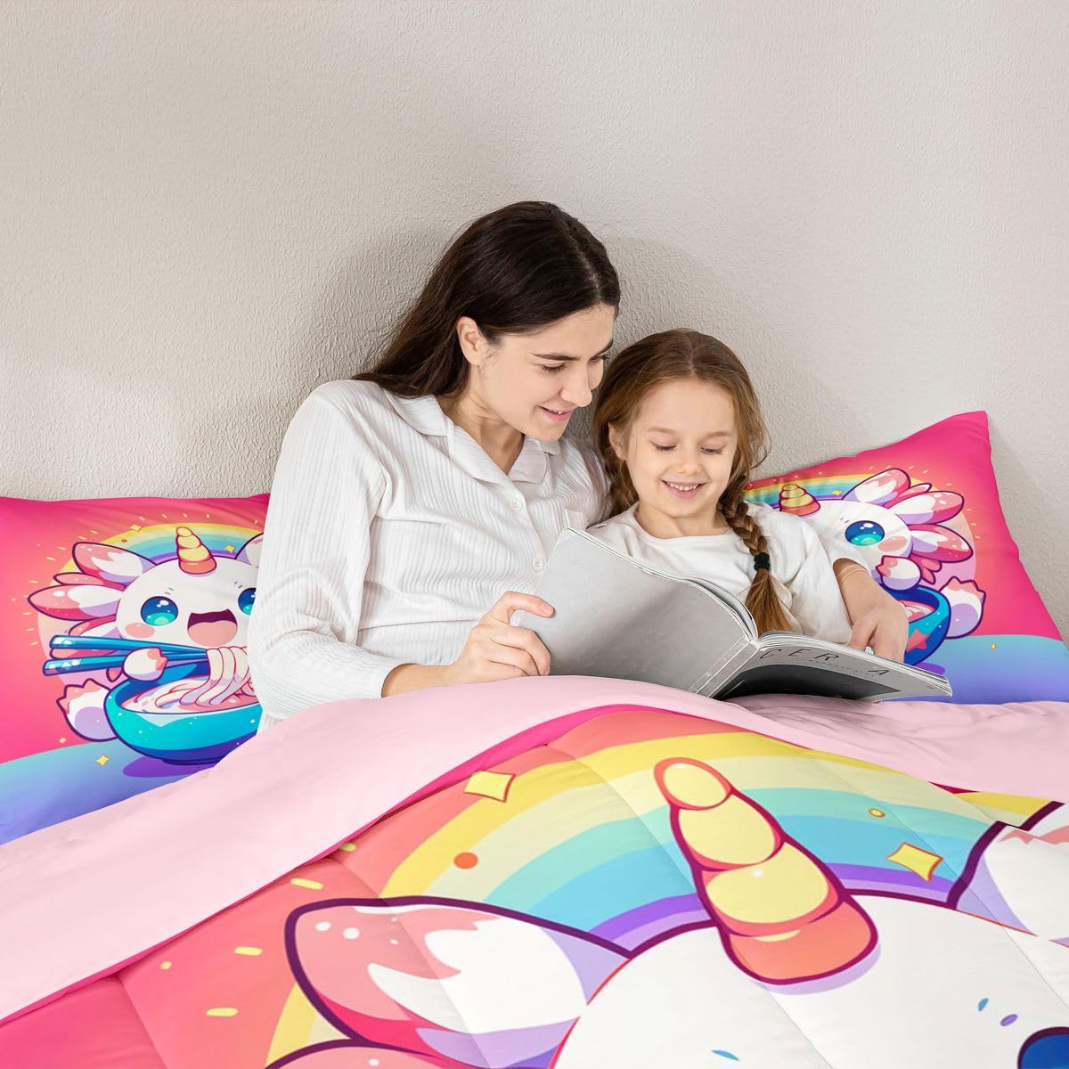 Homewish Axolotl Różowy Dziewczęcy Kawaii Jednorożec Kreskówka Zestaw Kołdry King Size - Zwierzę Urocza Salamandra Zestaw Pościeli Księżniczka Marzycielska Kołdra - Ombre Tęcza Bez Poszwa Kołdra