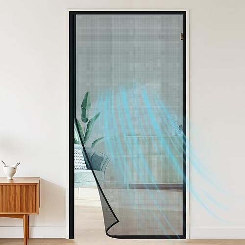 MAGZO Puerta Mosquitera Magnética se Ajusta a Puerta de Tamaño 34 x 78 Pulgadas (Negro), Tamaño de Pantalla 36 x 79 Pulgadas Cortina de Poliéster