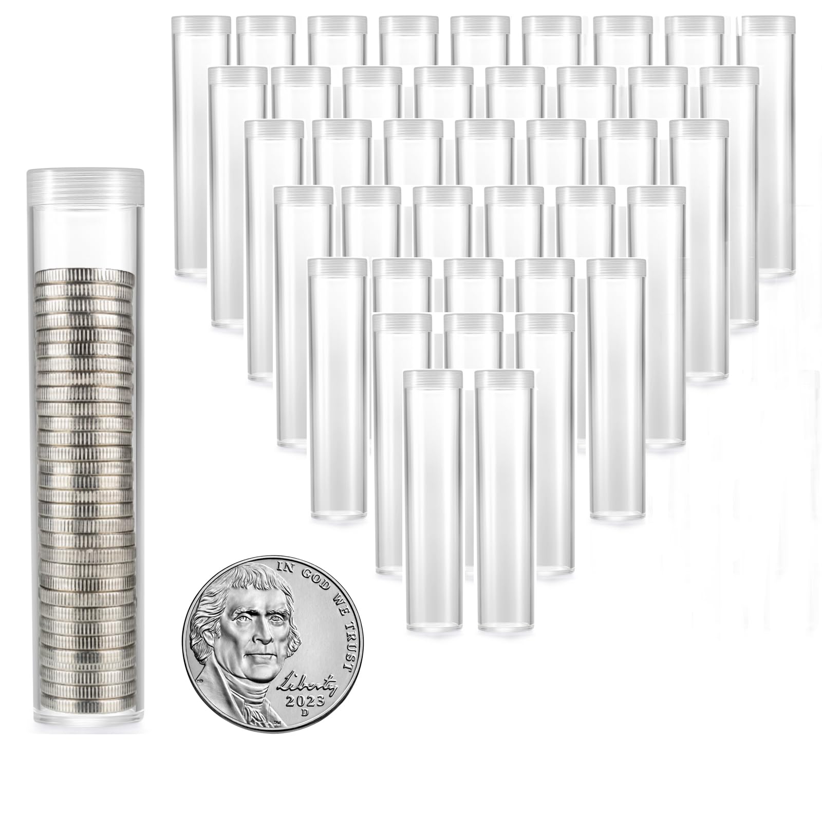 MUDOR 40 Pack Coin Storage Tube for Nickel, Plastic Coin Holders Tube with Screw-On Caps, Coin Collection Supplies,Long-Term Coin Storage (Nickel)