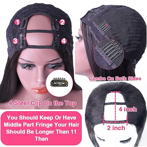 Miniatura 9 de Pelucas de cabello humano virgen brasileño sin procesar de 18 pulgadas con parte en U para mujeres afroamericanas, lacio, para principiantes, sin