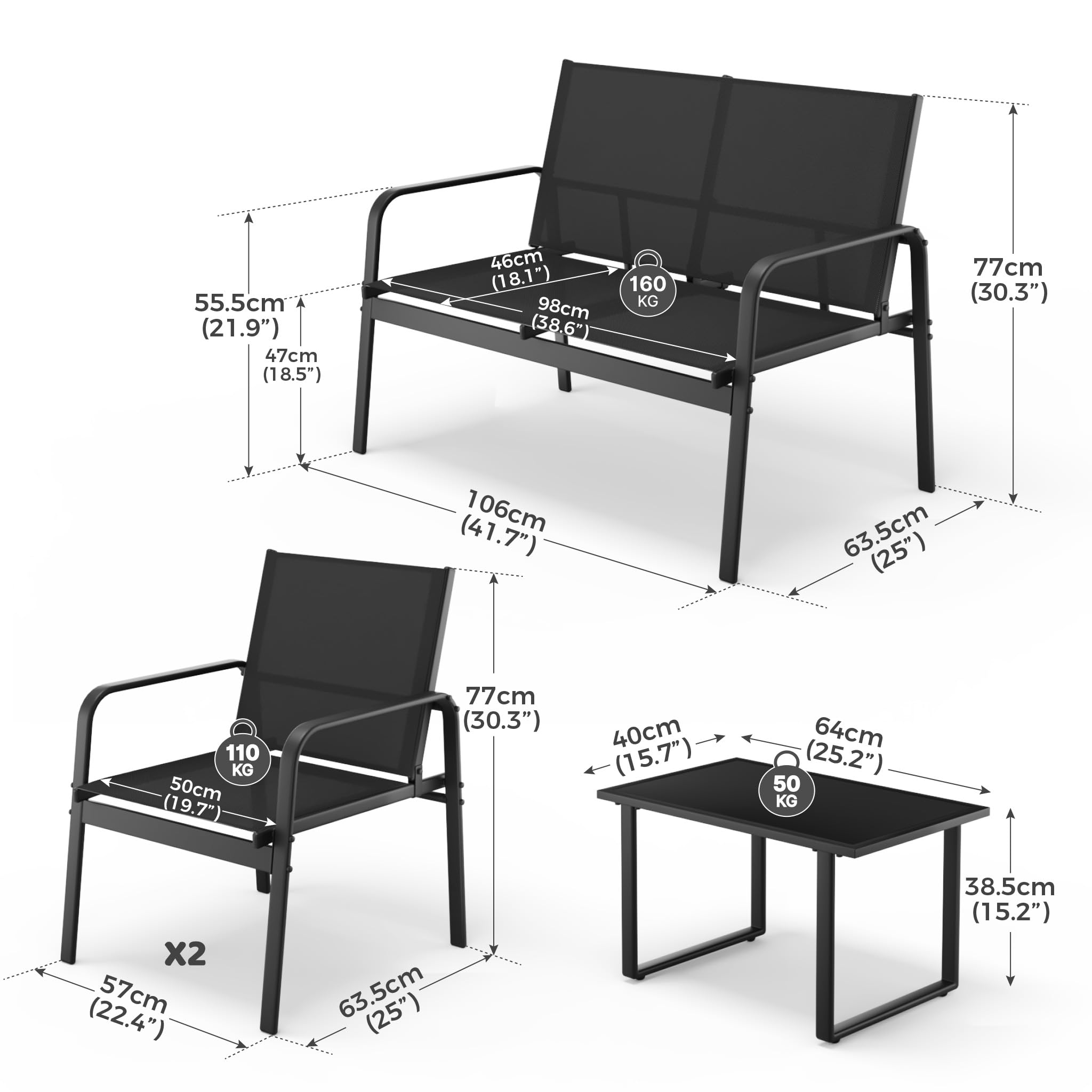 Mondeer Gartenmöbel Set mit Armlehnen 4-TLG für Garten Balkon Außen | Terrassenmöbel Außen mit Tisch Sofa und 2 Stühlen, Balkonmöbel Set mit Textilene, Schwarz