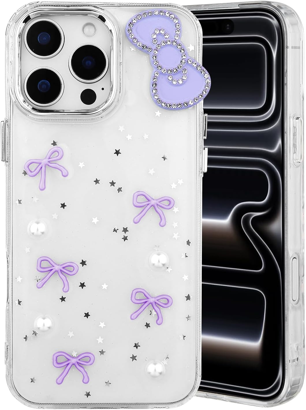 for iPhone 12 Pro Max Case Cute Bow 3D Phone Case, Clear Glitter Bowknot Aesthetic Design Soft TPU Slim Shockproof Protective Cover for Women Girls-Purple