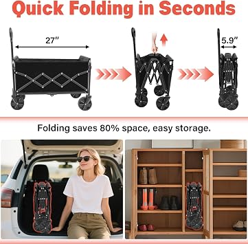 Wagons Carts Foldable,360 lbs Collapsible Wagon with Wheels Foldable Wagon Cart with Flexible Handle,Lightweight Portable Folding Cart for Camping Beach Picinic Grocery Outdoor Sports Shopping(Black)