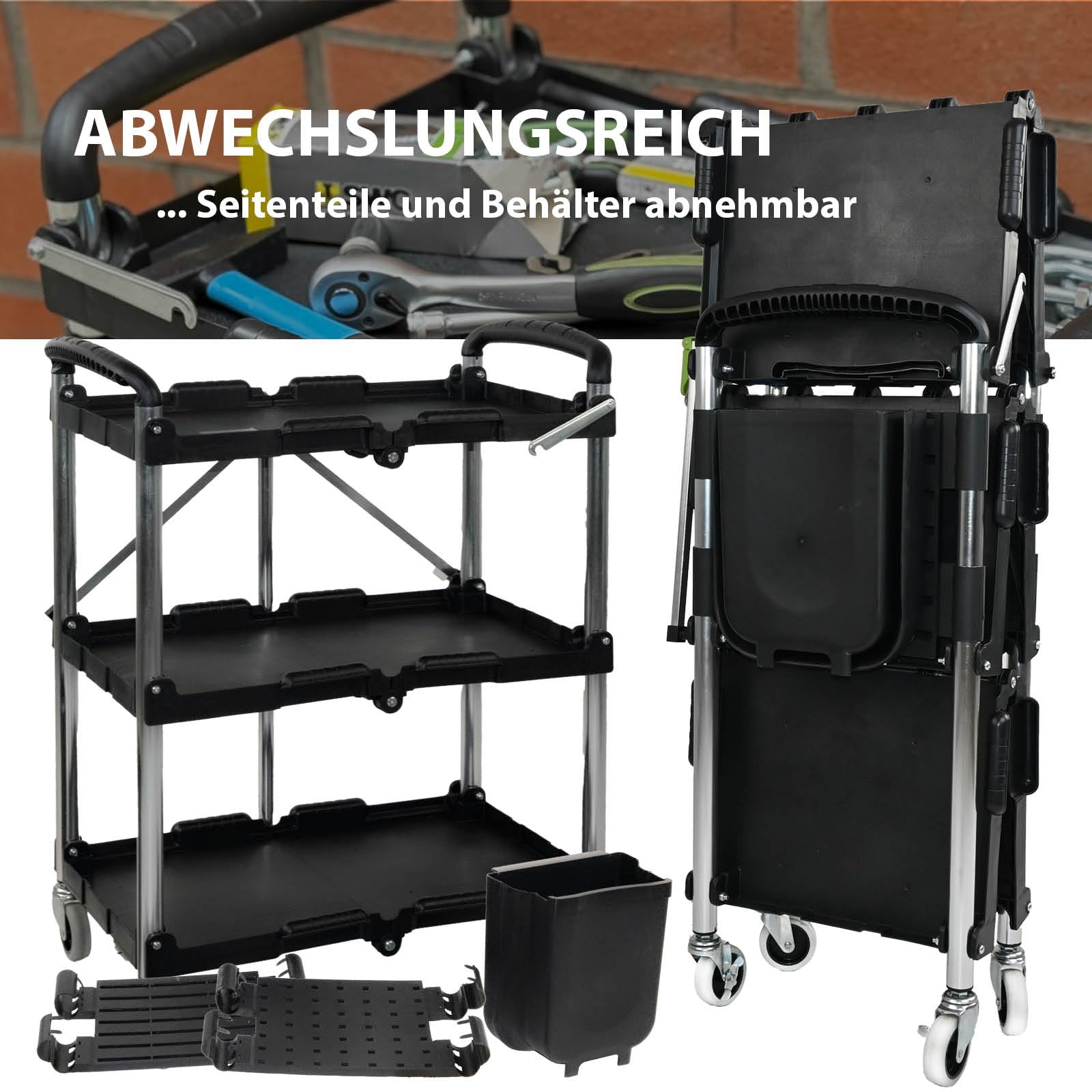 TRUTZHOLM Montagewagen klappbar auf Rollen mit Seitenfach abnehmbar 3 Ebenen mobiler Einsatz Rollwagen Service-Wagen Lagerwagen Werkzeugwagen Servierwagenplatzsparend