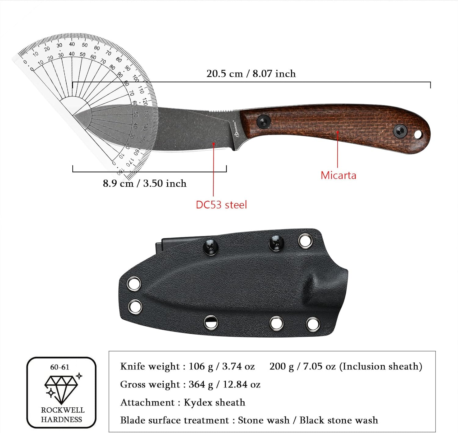 Knives DC53 Steel Tactical Fixed Blade Knife Micarta Handle with kydex sheath for Men EDC Outdoor Camping Survival Hunting (Black+Micarta)