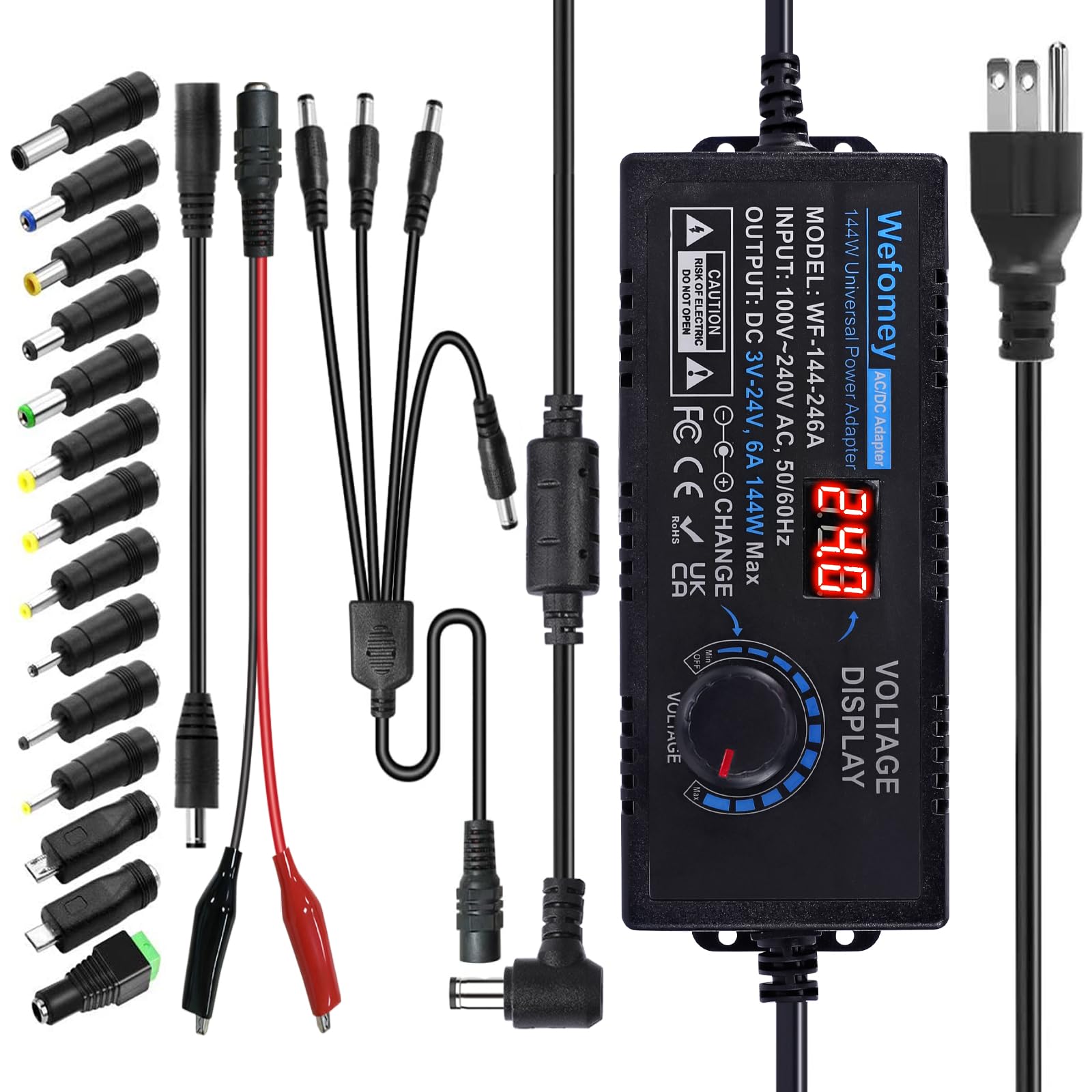 Universal Power Supply 3V~24V 6A 144W Adjustable Variable 3V 5V 9V 12V 18V 20V 24V AC/DC Adapter Charger, 100V-240V AC to DC Converter with 14 Tips,