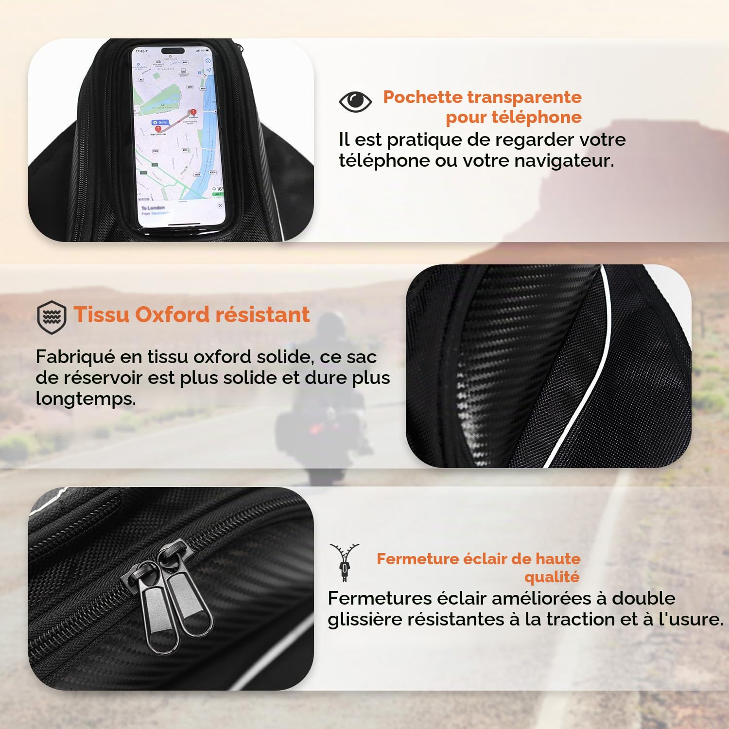 Dracarys Sacoche de réservoir de moto en tissu Oxford, sac magnétique solide, Noir
