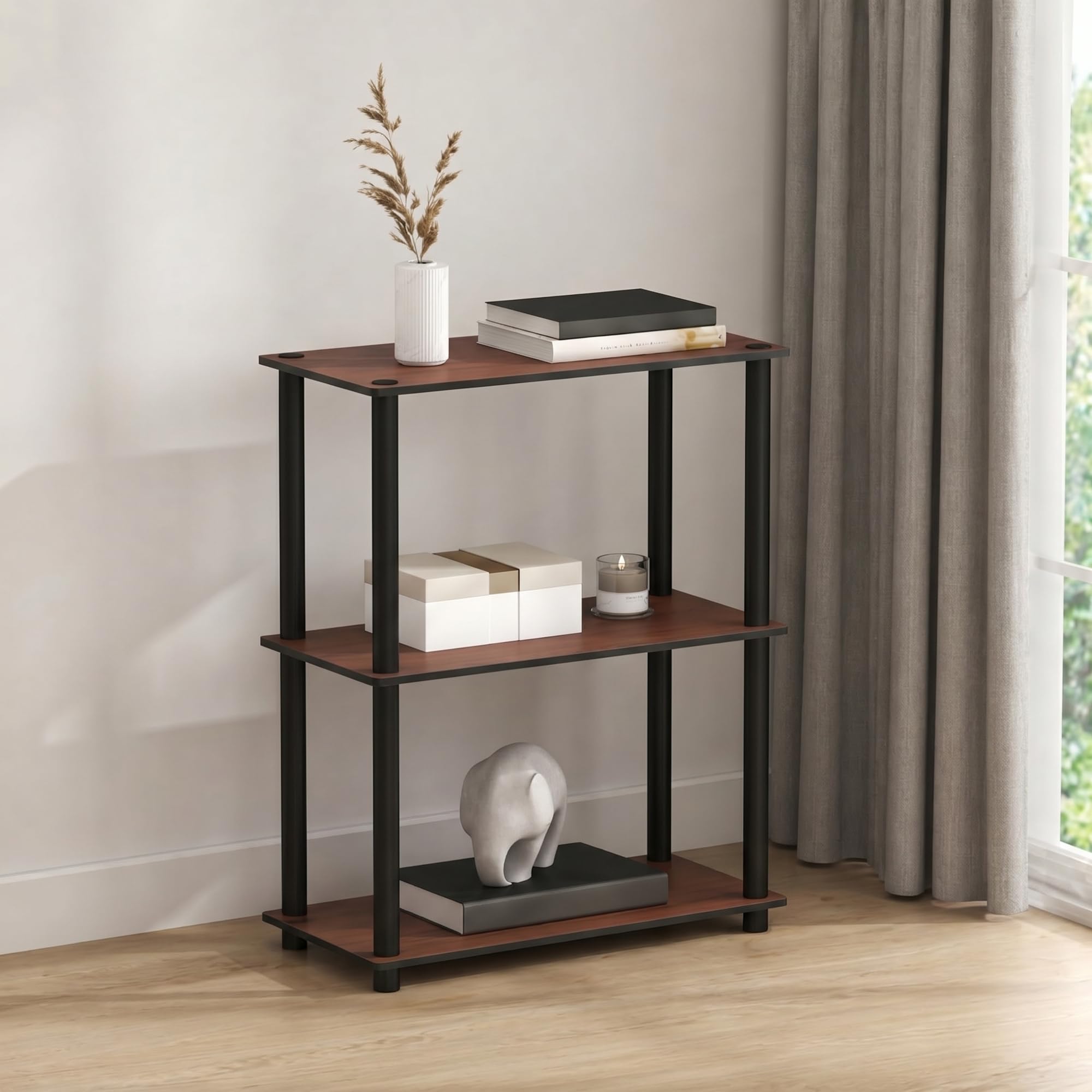 Furinno TURN-N-TUBE Storage Shelves, 3-Tier Book Shelf, Corner Shelf, Toolless Open Shelves, for Organization and Storage, Living Room, Bedroom, Entryway, Laundry, Cherry Oak