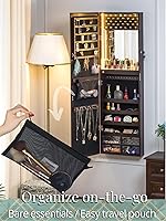 Vista 6 de Luxfurni - Joyero con espejo y 79 luces LED, gabinete para colgar en la pared o en la puerta, organizador con cerradura y cajones - Marrón