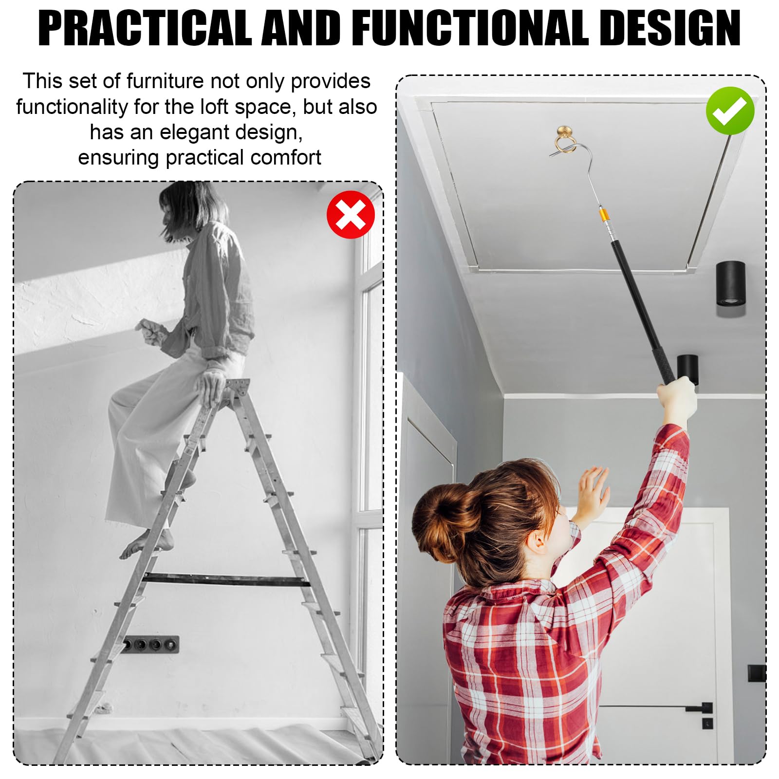 Attic Ladder Pull Down System Kit - Retractable Tie Rod With Hook Up To 64in G 974361