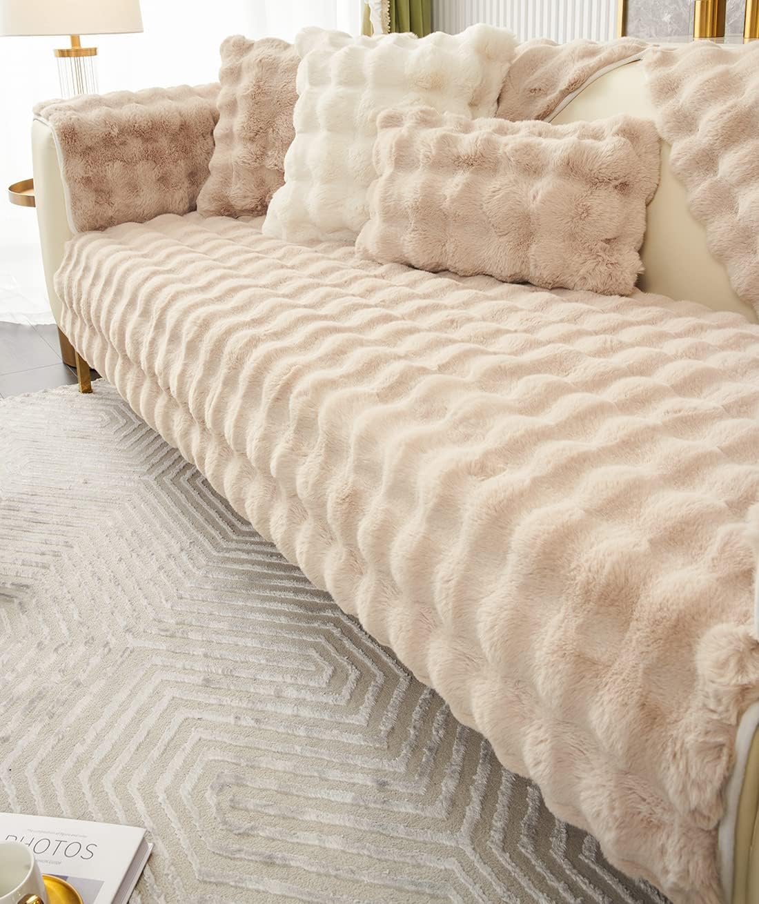 Soft Warm Faux Fur Couch Sofa Cover Thick Shaggy Fuzzy Sectional Couch Cover Non-Slip Solid Color Plush Sofa Slipcover Furniture Protector for Kids, Pets (Light Brown,28"x28")