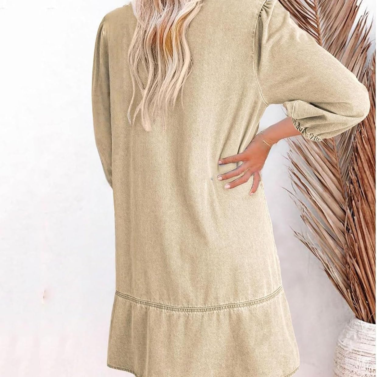 Vestido Vaquero con Capas, Cuello en V y Mangas abullonadas para Mujer, Vestidos Vaqueros con Volantes y Mangas 3/4, Vestido Vaquero Camisero Holgado de Verano con Bolsillos. (Apricot,S)