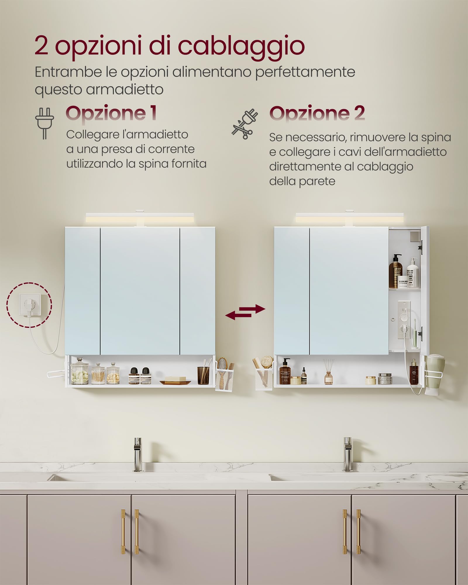 VASAGLE Mobile da Bagno con Illuminazione LED, 16,5 x 70 x 75 cm, Cestino Sospeso, Supporto per Asciugacapelli, per Lavabo, Bianco Nuvola BBK126W01