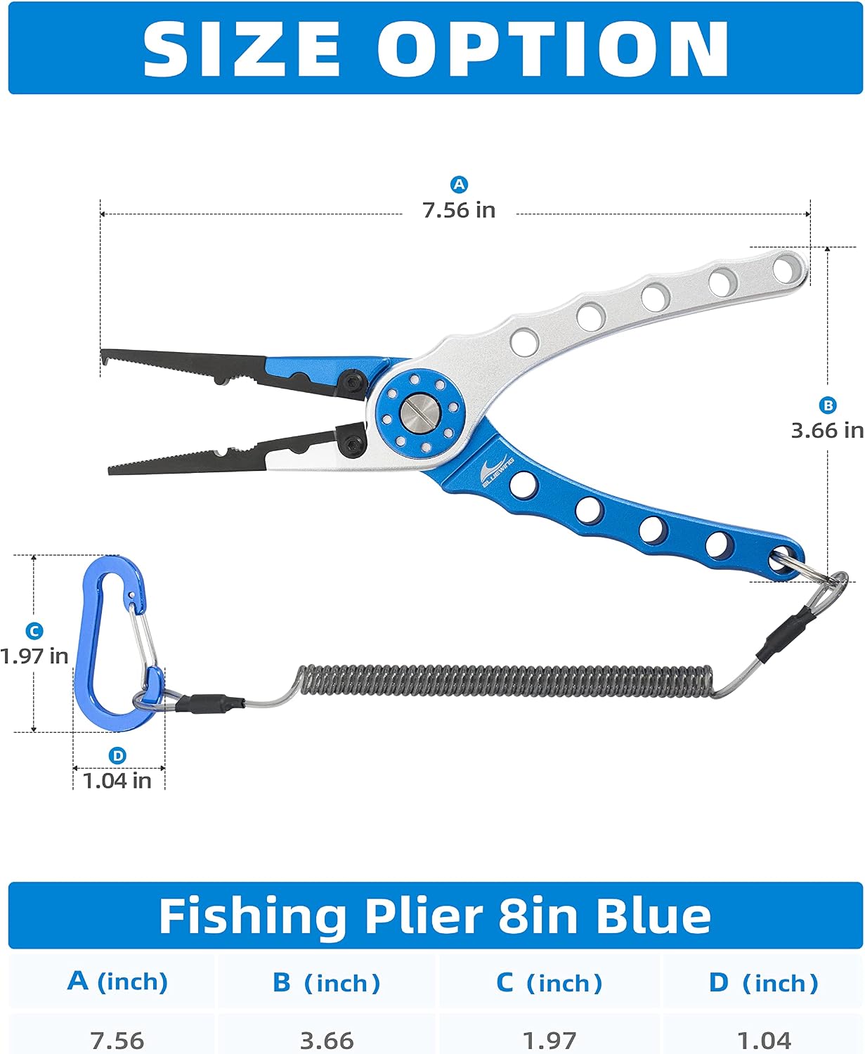 BLUEWING 8 inch Fishing Pliers Saltwater 1pc Aluminum Alloy Multi-Function Fish Tools Hook Remover Tackle with Coiled Lanyard and Sheath