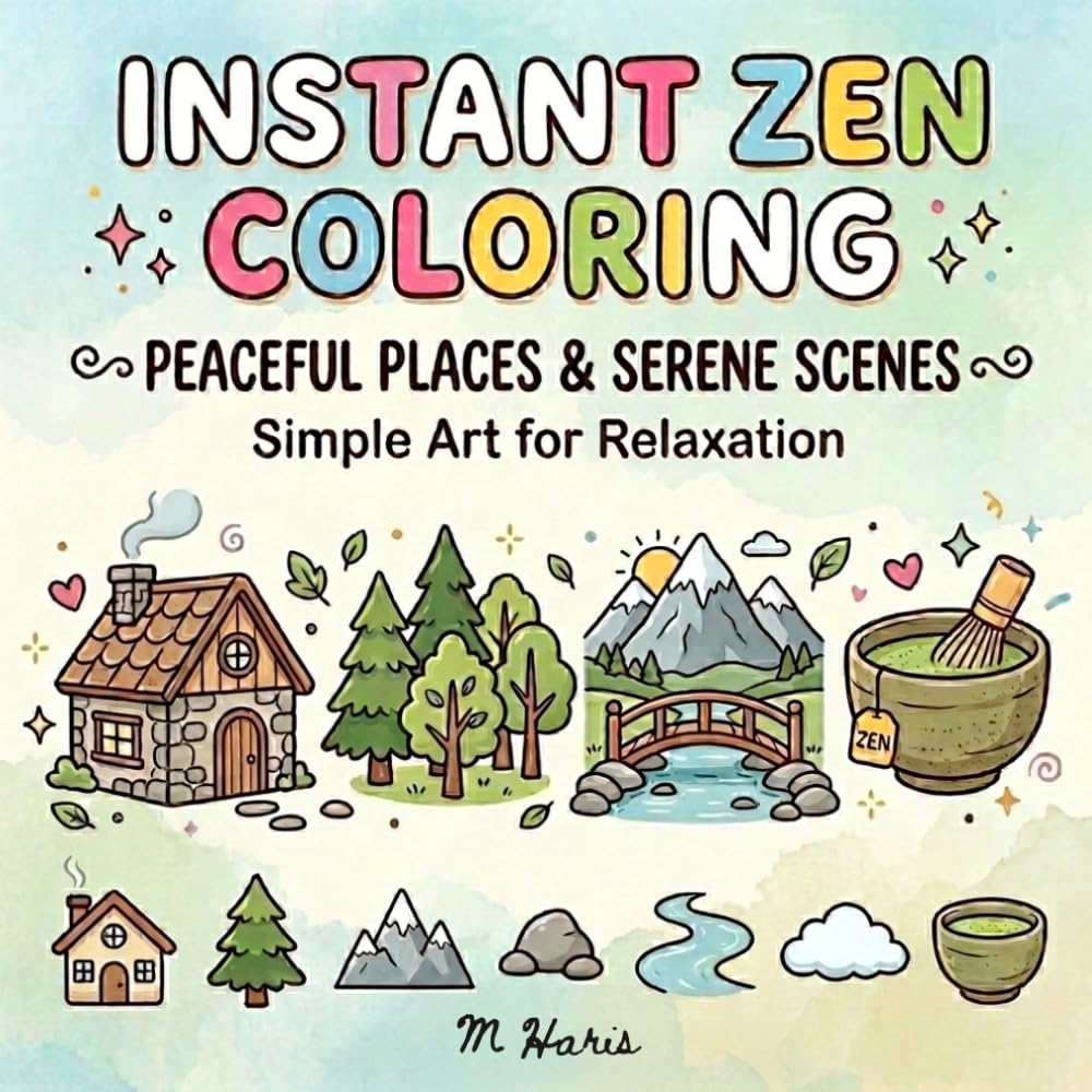Instant Zen Coloring Book: 60 Simple and Easy Designs for Stress Relief and Relaxation, Cute Bold and Easy Coloring Pages for Adults, Seniors, and Beginners with Peaceful Places and Serene Scenes