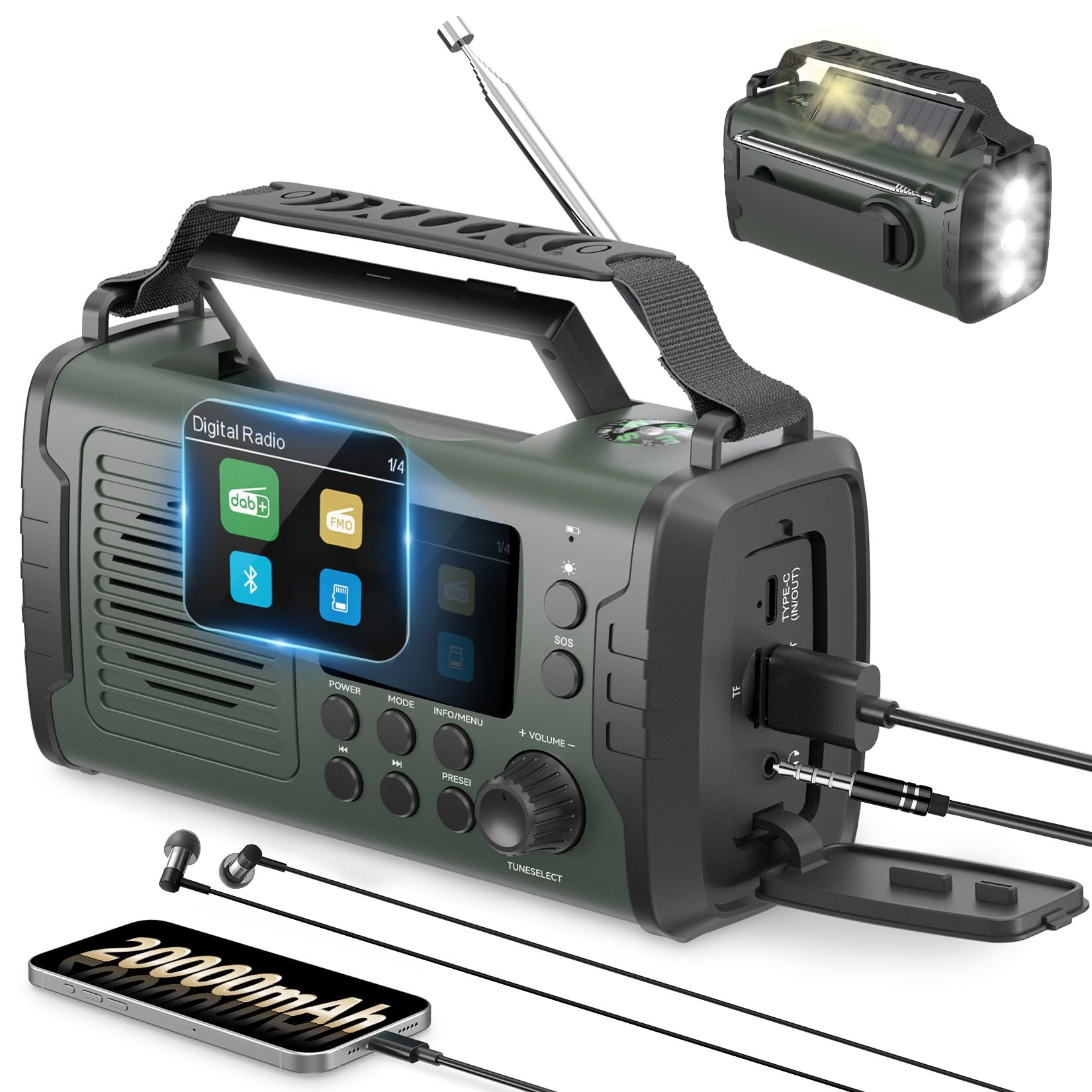 20000 mAh Radio Solar de Emergencia con Manivela Dab+ FM, Portatil Radios Dinamo Bluetooth con Despertador, Alarma de Emergencia SOS, Linterna y Luz De Lectura (Verde)