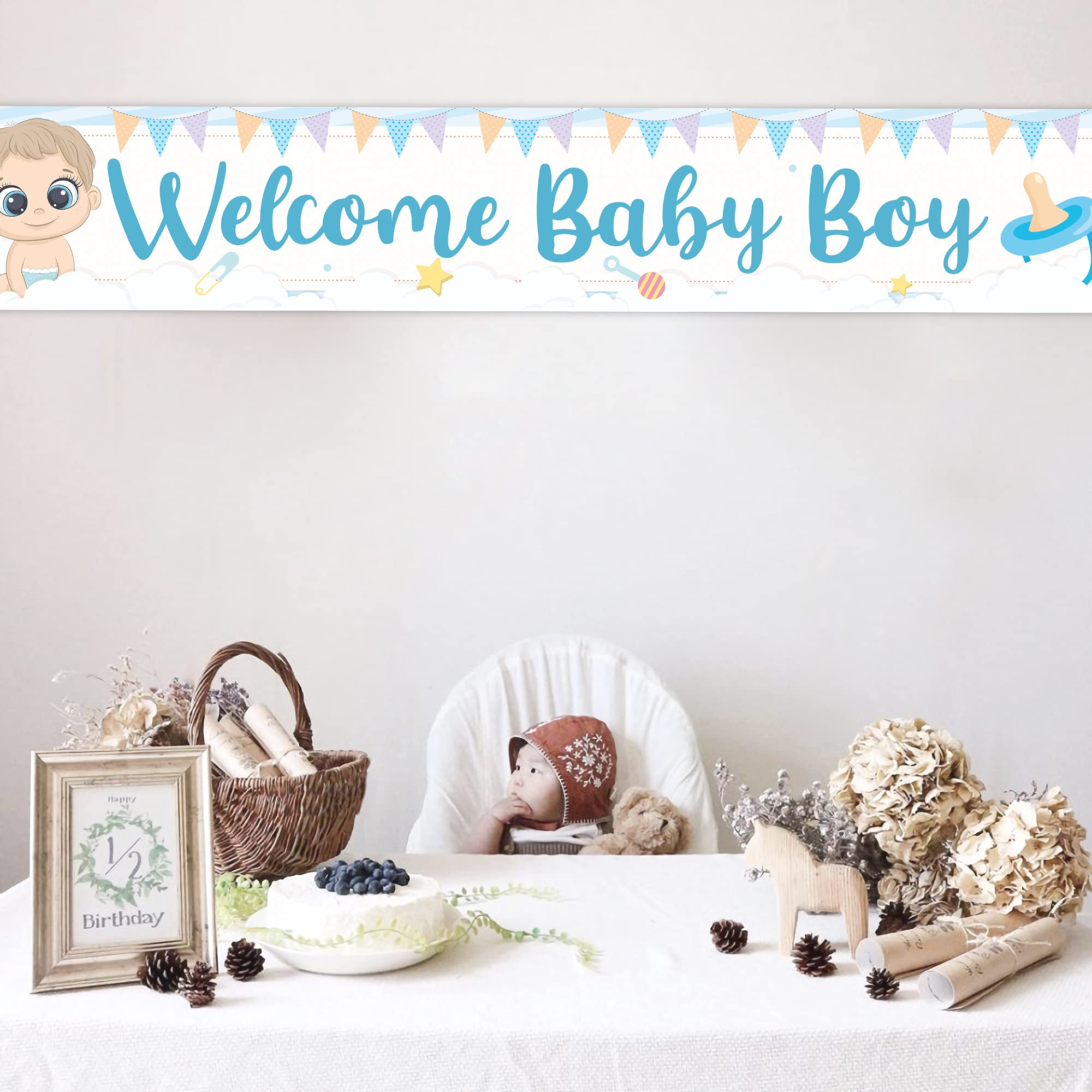 Blue Welcome Baby Boy Banner For Gender Reveal Baby Boy Shower Banner ...
