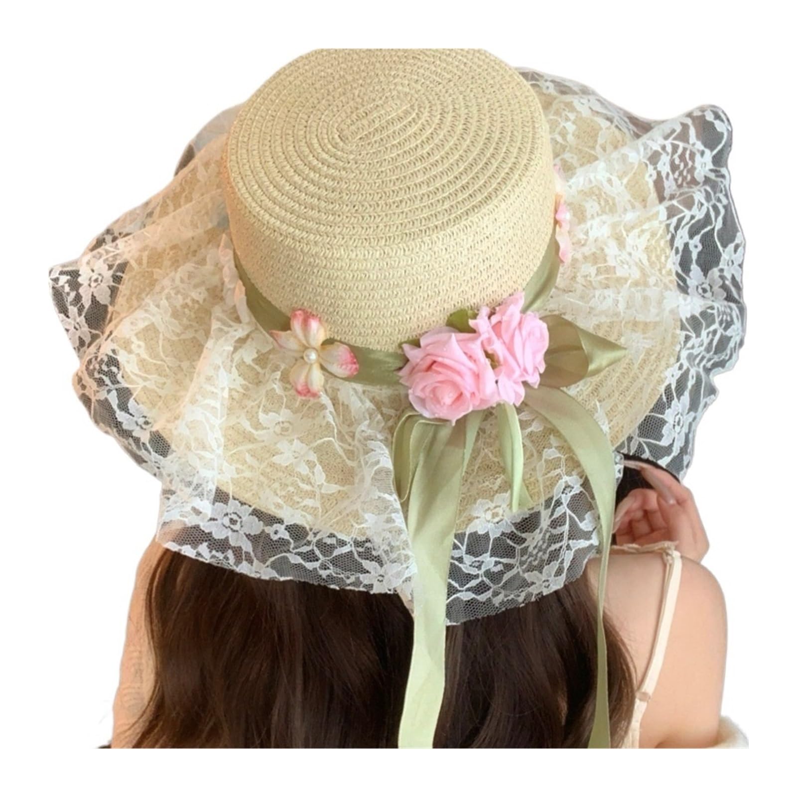 Visiera Estiva da Spiaggia per Cappello da Sole a Tesa Larga in Paglia di Pizzo Floreale