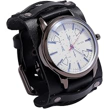 Pointer Watch Wide Strap Wristwatch Leather Bracelet Adjustable Movement Retro Alloy Iron -friendly Suitable for Gift Giving Ho, Black