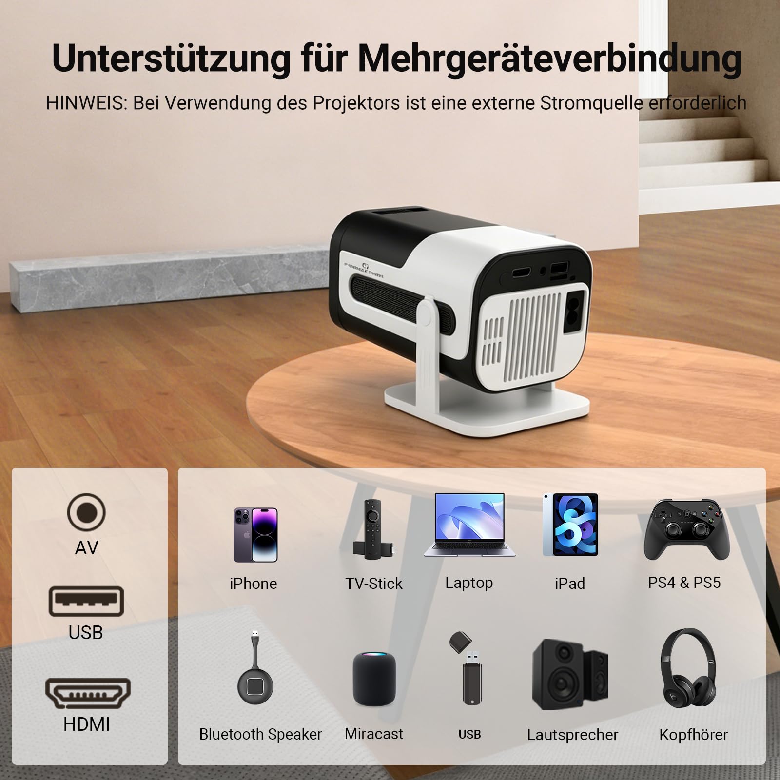 Mini Beamer Unterstützt 4K 1080P, Smart Tragbarer Projector WiFi 6 BT 5, Mini Projektor Automatische Trapezialkorrektur,180° Drehung Beamer Heimkino Outdoor für HDMI/Android/iOS/Laptop/Handy