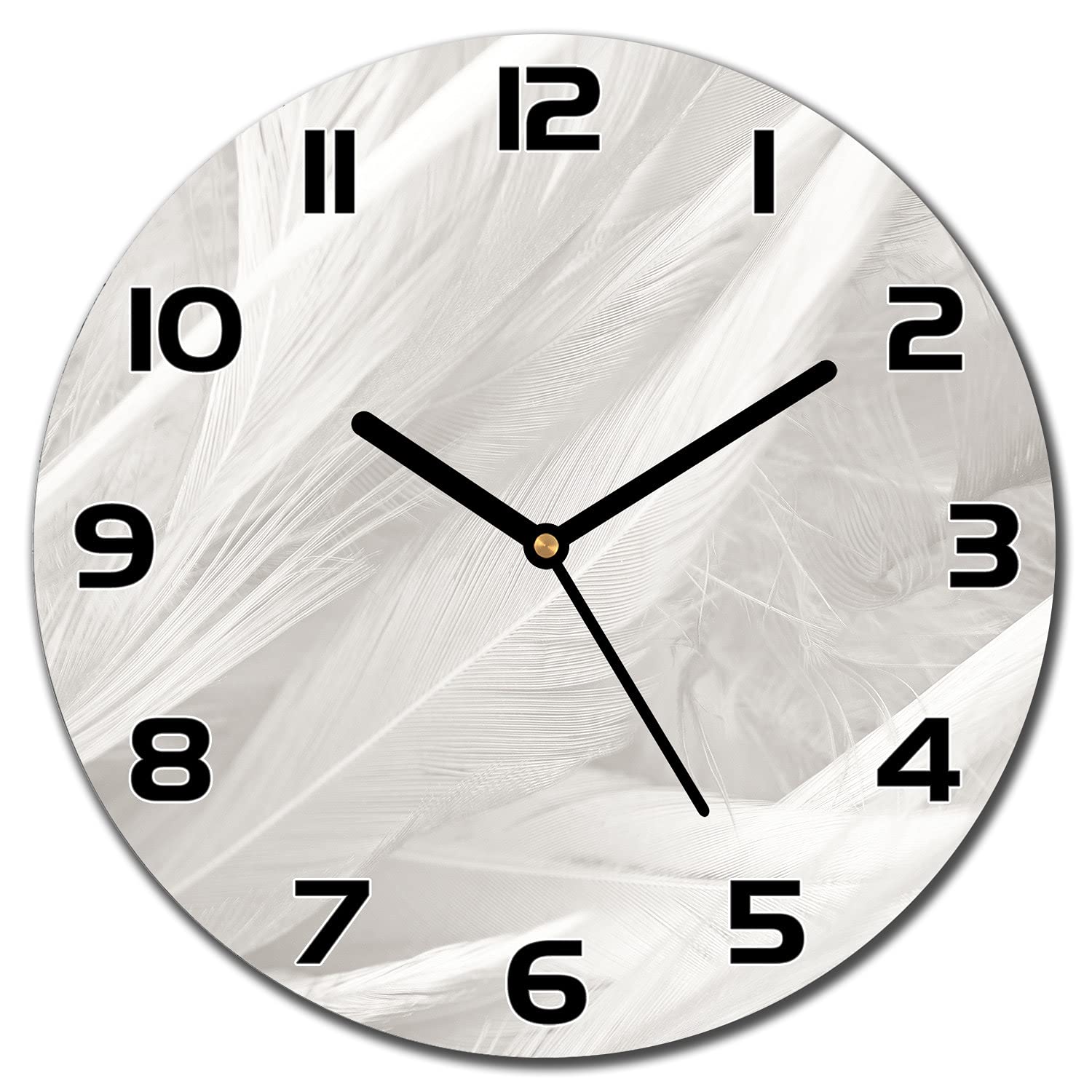 Horloge murale cuisine et salon moderne en verre imprimé plumes 30cm